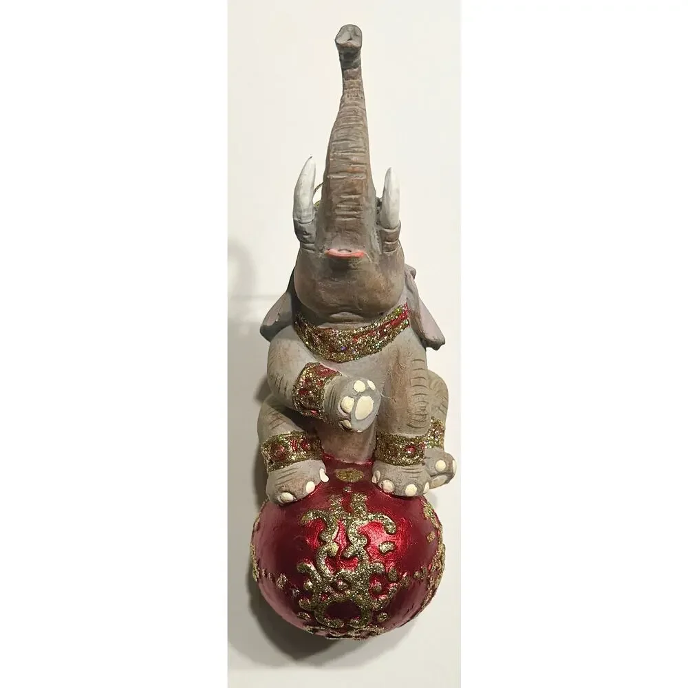 Rare Vintage Mark Robert’s Circus Elephant On Ball Ornament Red w/Gold Glitter